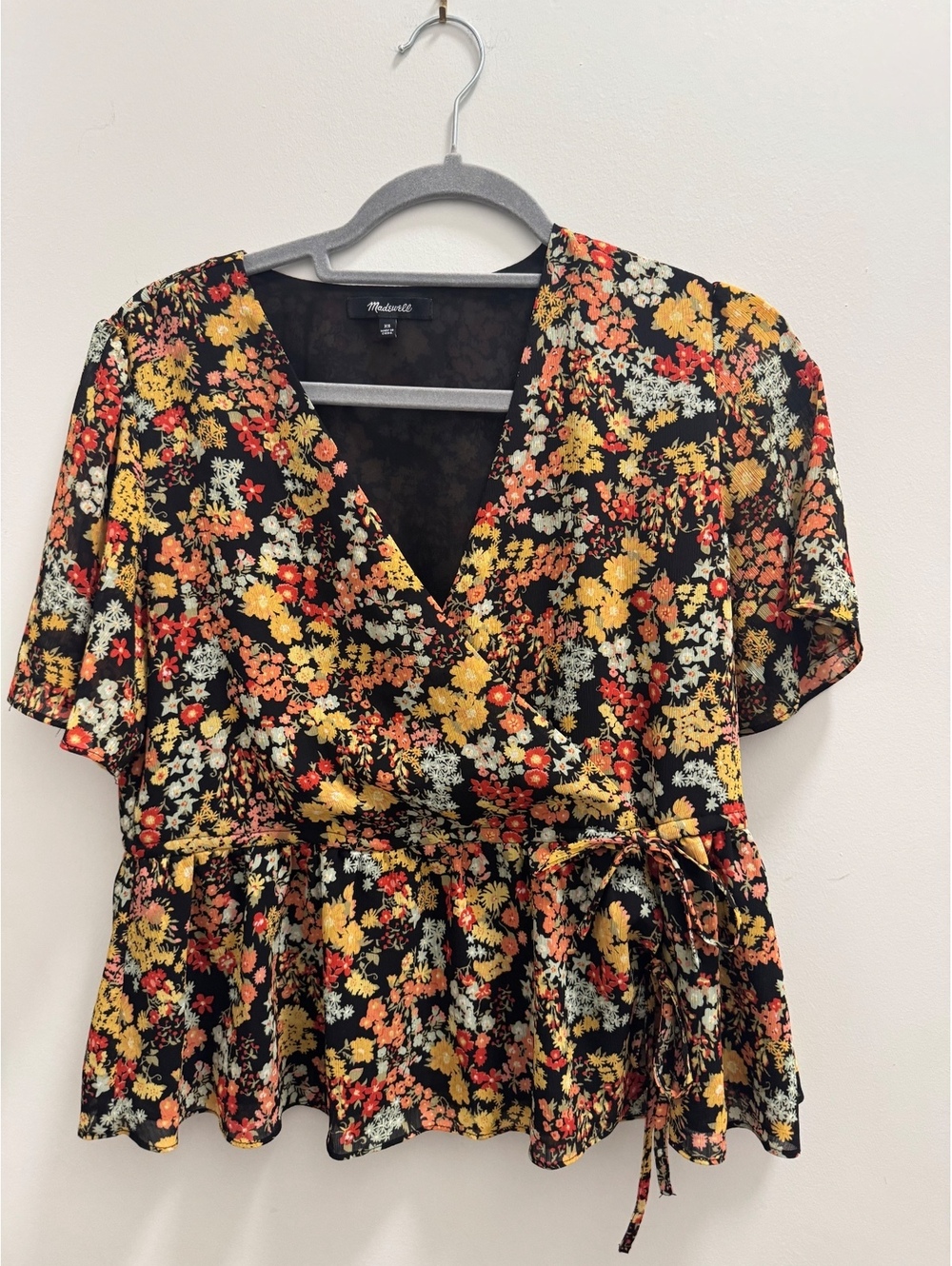 Madewell Women's Floral Wrap Blouse XS Black Yellow Orange